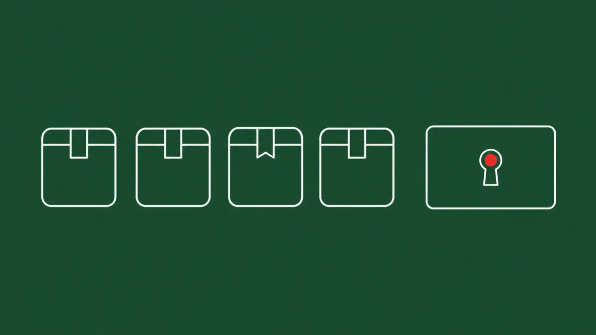 Flat white line-art of a row of package boxes with one flagged tile beside a contributor key card, on a Forest Green background — Mastra npm contributor-account compromise.