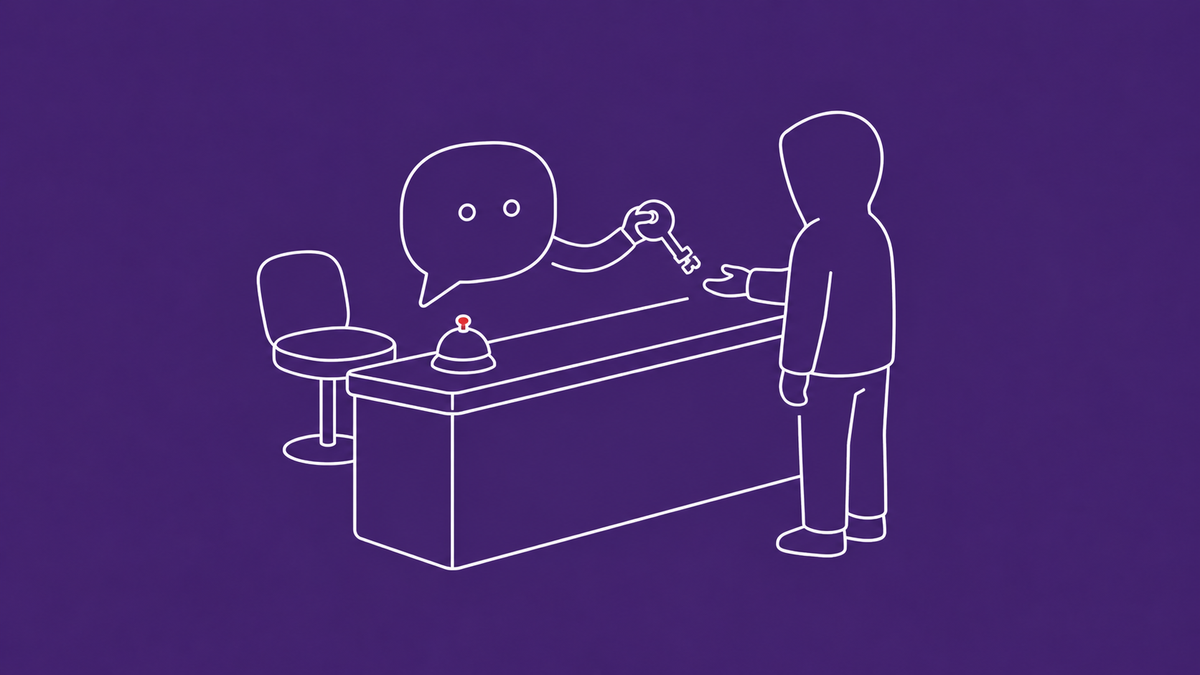 Line-art of a chatbot speech bubble passing an account key across a help-desk counter to a hooded figure; a service bell carries a single flat red dot.