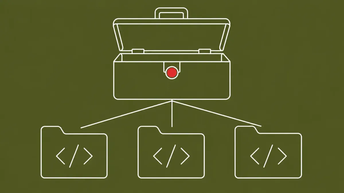 Flat white line-art of a sealed toolbox opening above a row of code repositories, on an Olive background — Miasma toolkit open-sourced on GitHub.