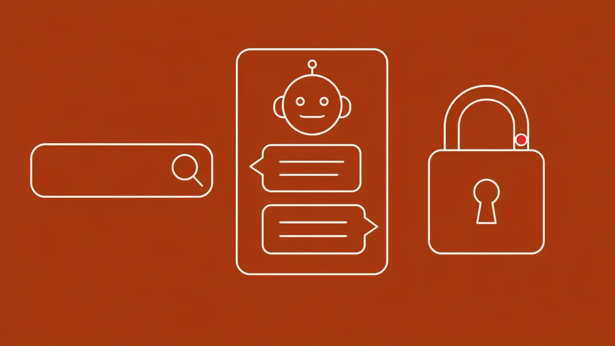 Flat white line-art of a chat assistant panel beside a search field and a closed padlock, on a Brick Rust background — Microsoft 365 Copilot SearchLeak patch.