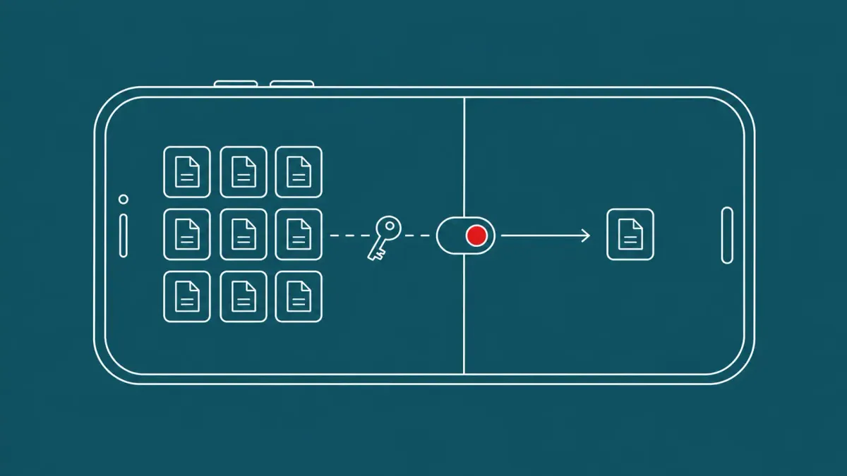 Line-art Android phone: a token key crosses from an Office-app tile to a separate app through a flipped toggle switch marked with one flat red dot.