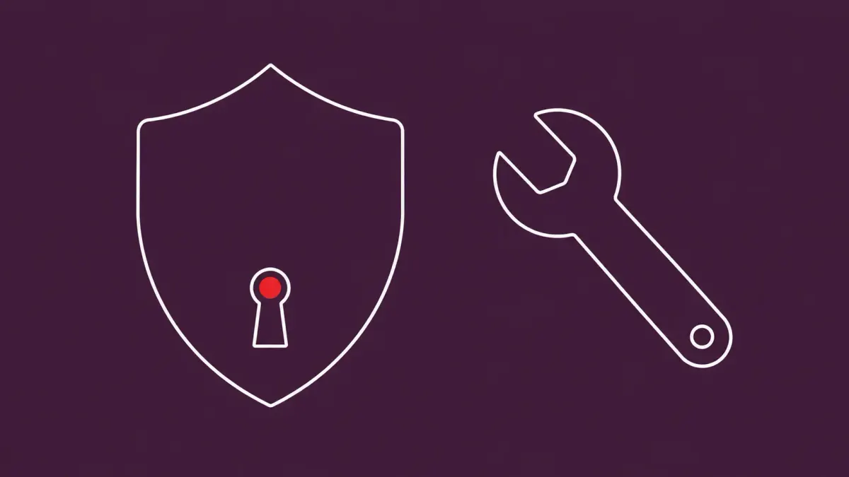 Flat white line-art of a large shield with a small keyhole notch beside a wrench mid-turn, on an Aubergine background — Microsoft RoguePlanet Defender zero-day confirmation.