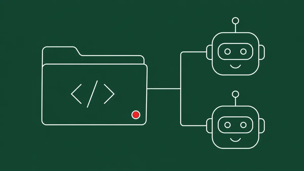Flat white line-art of a code repository folder linked to two robot heads, on a Forest Green background — Miasma worm targeting AI coding agents.