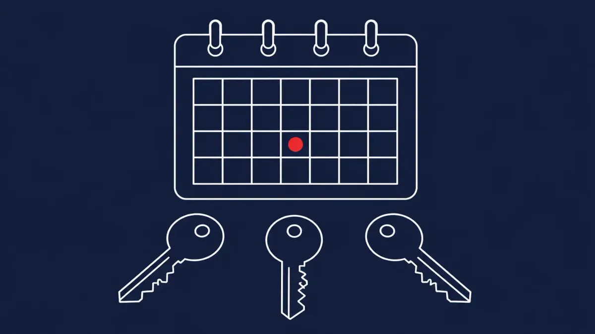 Flat white line-art of a giant calendar shield holding three keys, on a Midnight Navy background — Microsoft's record 206-CVE June 2026 Patch Tuesday.