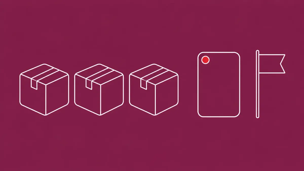 Flat white line-art of a row of package boxes beside an attribution tag card and a flag pin, on a Mulberry background — Microsoft Mastra npm Sapphire Sleet attribution.