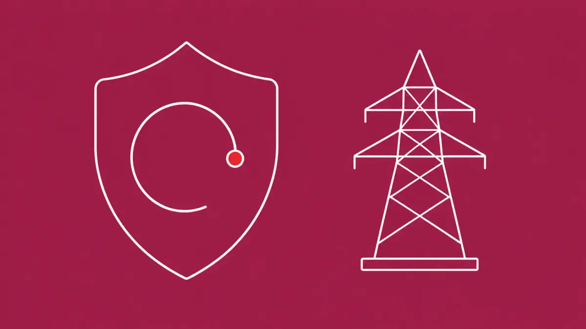 Flat white line-art of a large shield over a three-quarter ring and a power-grid tower, on a Raspberry background — NCSC UK hostile-state critical-infrastructure statement.