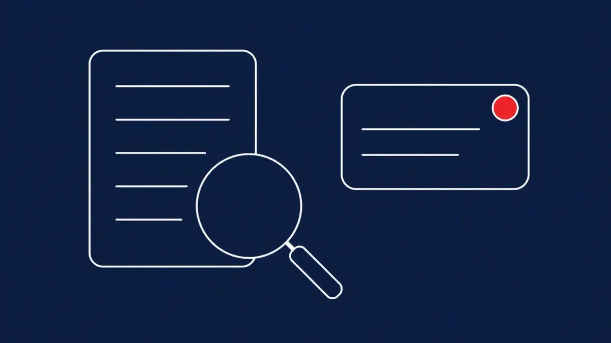 Flat white line-art of a large magnifier over a document beside a simple alert card, on a Midnight Navy background — North Korean-linked NarwhalRAT research disclosure.
