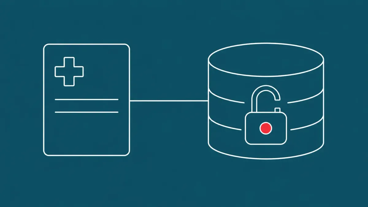 Flat white line-art of a clinical document beside a database cylinder with an open padlock, on a peacock background — Novo Nordisk clinical-trial data breach.