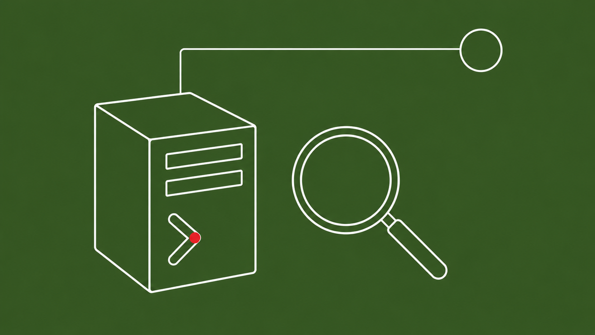 Flat white line-art of a web server with a shell-prompt chevron on its face and a magnifier beside it, on a moss-green background — OP-512 IIS web shells.