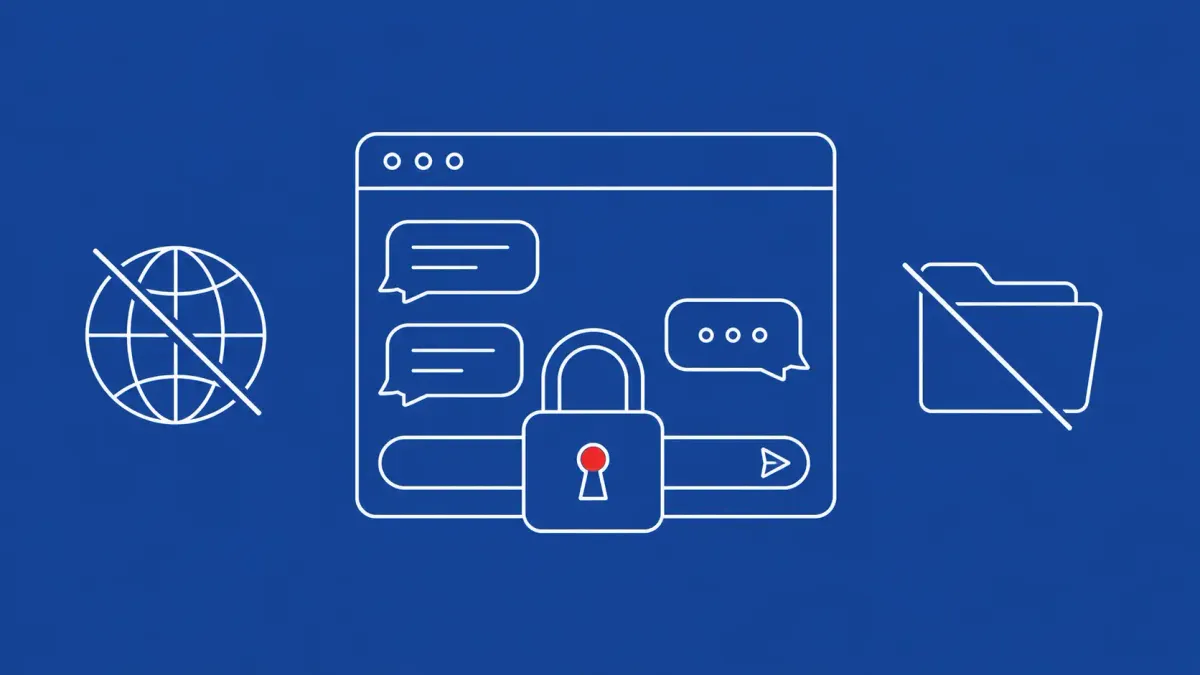 Flat white line-art of a padlock over a chat window with disabled tool icons, on a Cobalt background — ChatGPT Lockdown Mode.