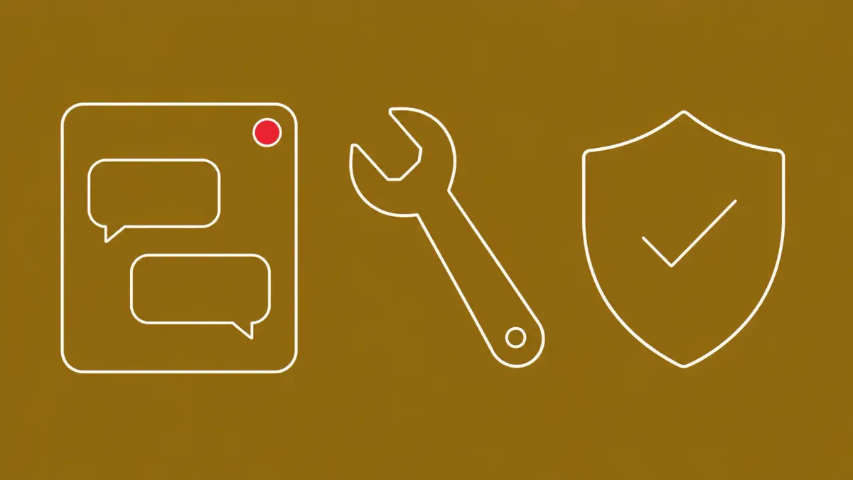 Flat white line-art of an assistant chat panel beside a wrench and a shield with a checkmark, on an Antique Gold background — OpenAI Daybreak GPT-5.5-Cyber defender patch assistance.
