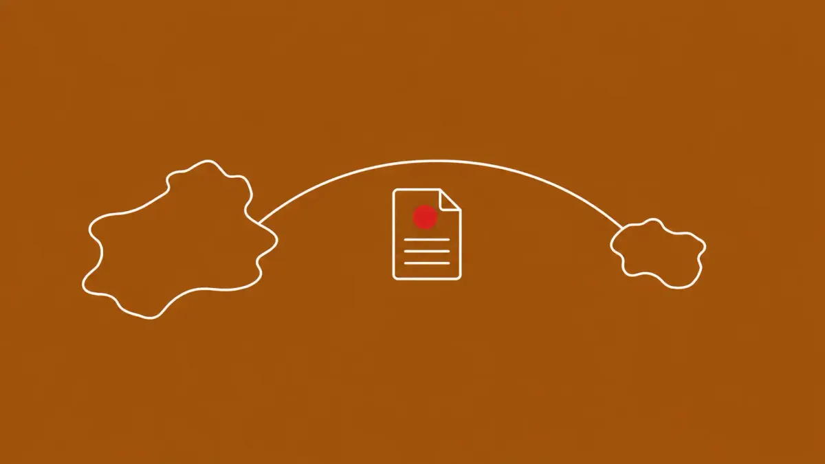 Line-art map of two generic landmasses connected by a thin curved line passing over a small document icon; the document carries one flat red dot.