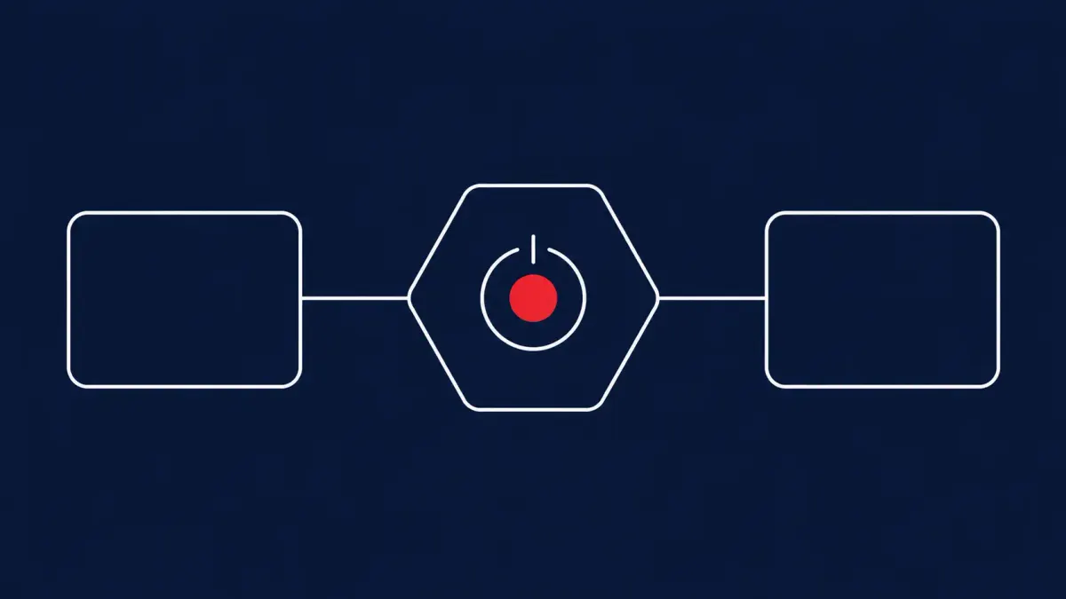 Flat white line-art of two malware boxes wired into a central hub with a power-disconnect switch, on a Midnight Navy background — Operation Endgame Amadey and StealC disruption.