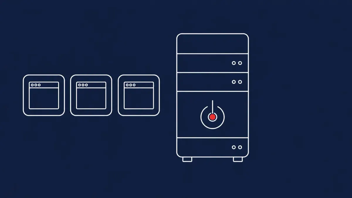 Flat white line-art of a central server stack with a power-off symbol beside a few small site tiles, on a Midnight Navy background — Operation Endgame SocGholish disruption.