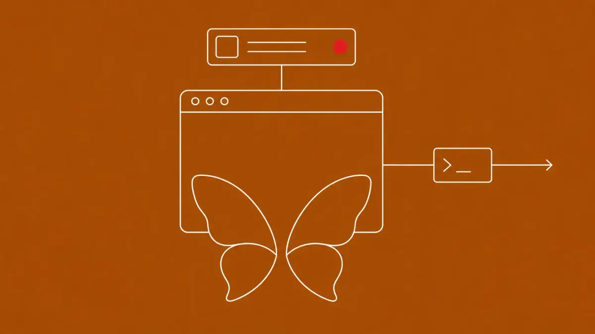 Line-art of a macOS app window emerging from a butterfly motif, wired to an outbound data arrow; an ad banner above it carries a single flat red dot.