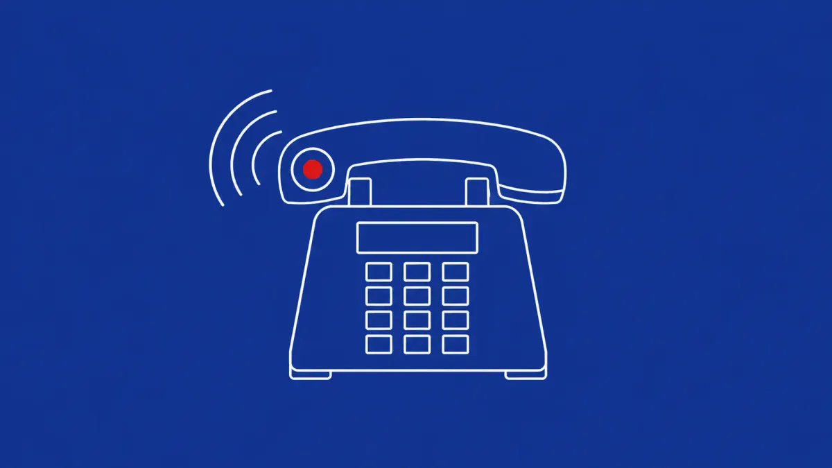 Line-art enterprise desk phone on royal-blue background with one red dot on the handset earpiece, marking the disclosed vulnerability.
