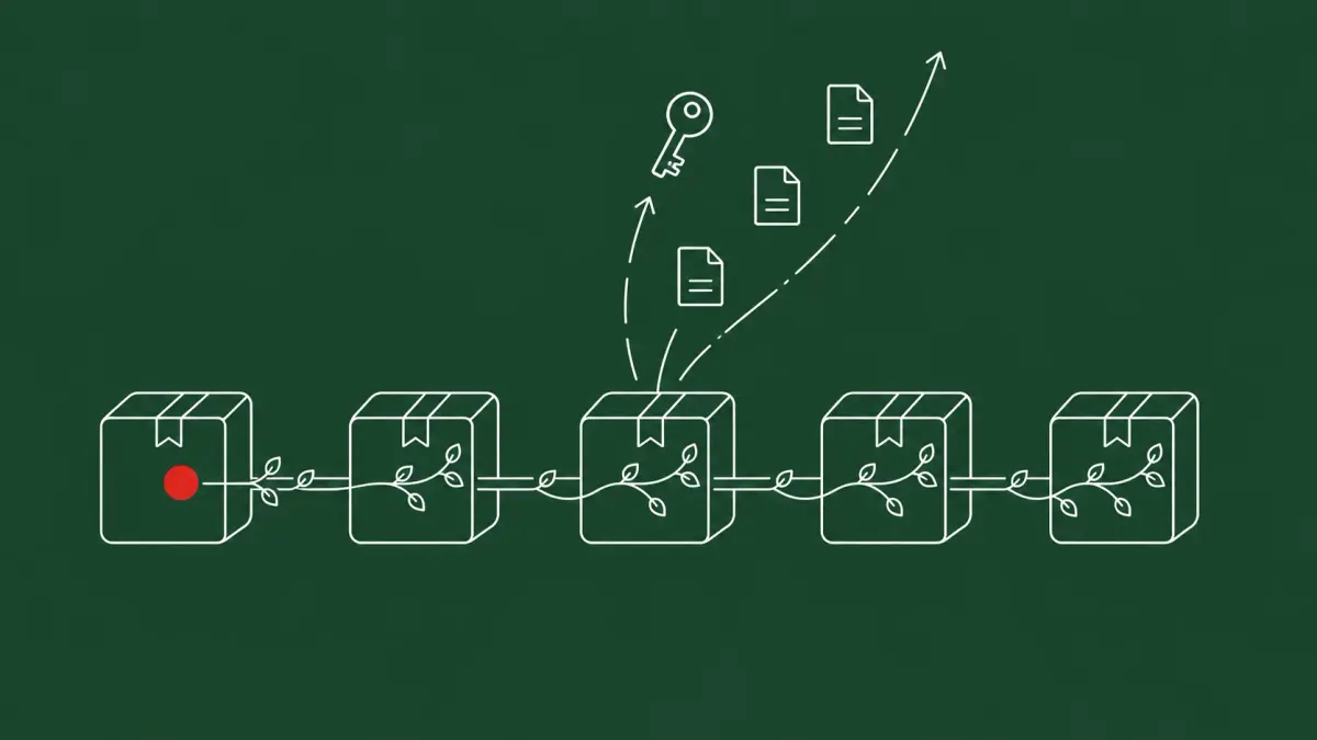 Line-art of npm package boxes linked by pipes as a creeping vine-like blight spreads across them; one box at the leading edge carries a single flat red dot.