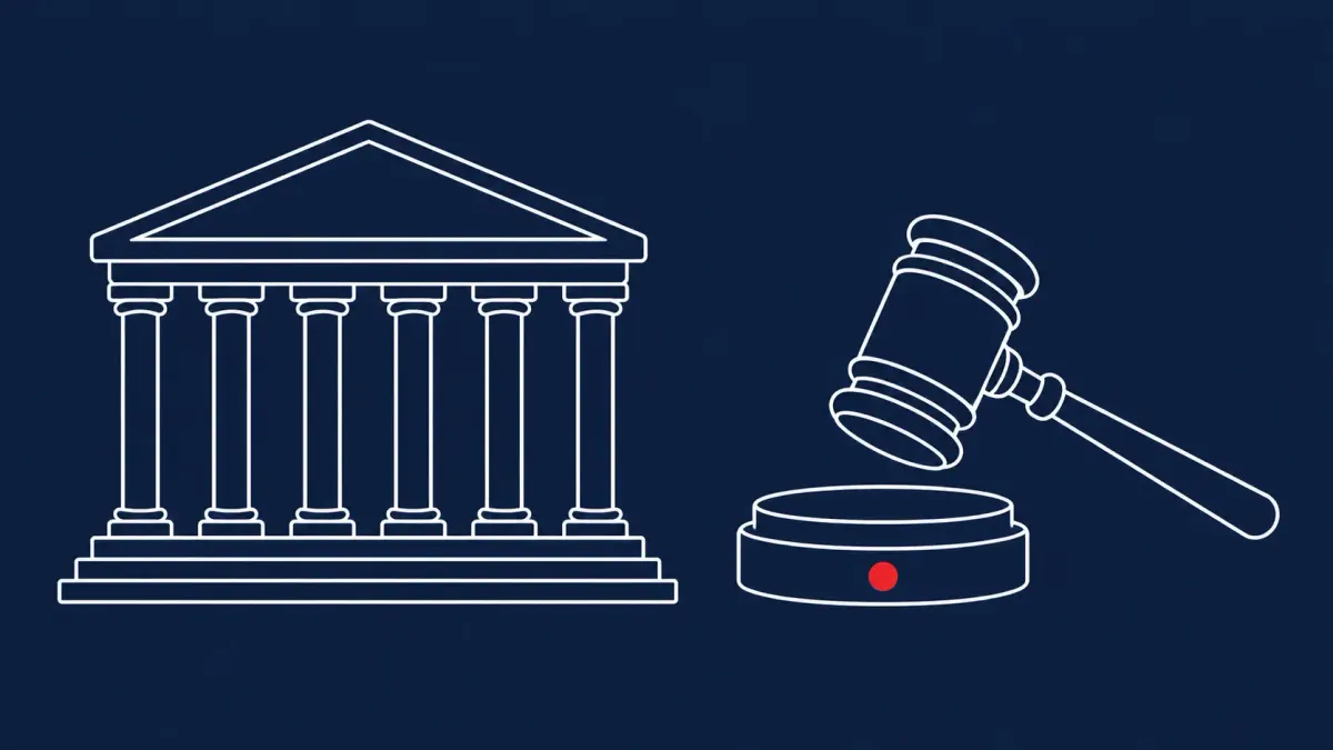 Flat white line-art of a courthouse and a gavel, on a Midnight Navy background — DOJ charges in the Void Blizzard case.