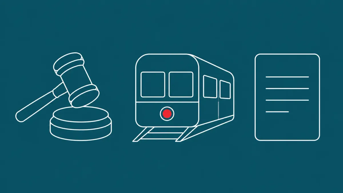 Flat white line-art of a gavel on a block beside a transit train car and a document, on a Peacock background — Scattered Spider TfL guilty pleas.