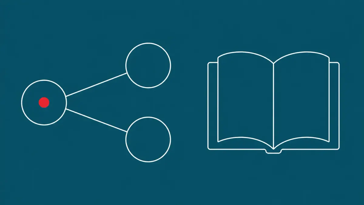 Flat white line-art of a single node duplicating into two identical copies beside an open book, on a peacock background — academic self-replicating AI research.