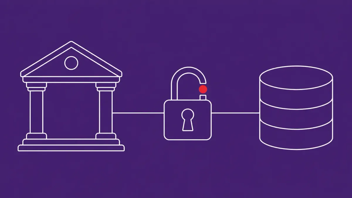 Flat white line-art of a university building and a database server linked by a broken padlock, on a Royal Violet background — Oracle PeopleSoft zero-day.