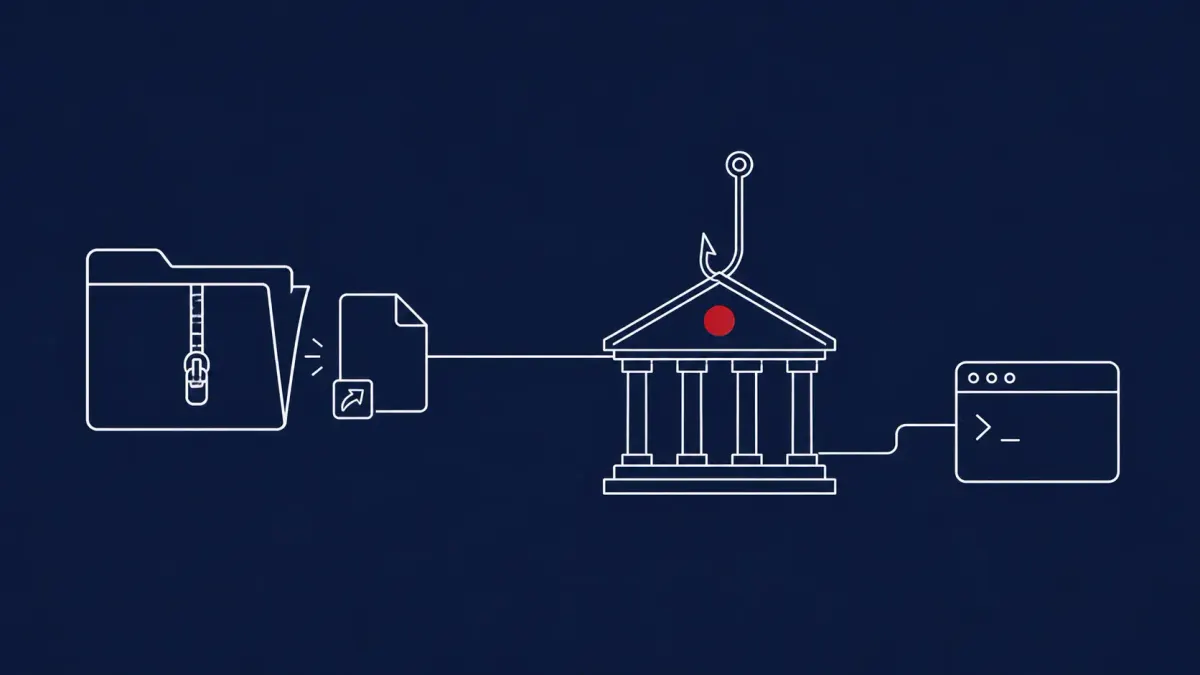 Line-art of a ZIP folder opening to a shortcut-file icon; a phishing hook threads into a ministry building marked with a single flat red dot.