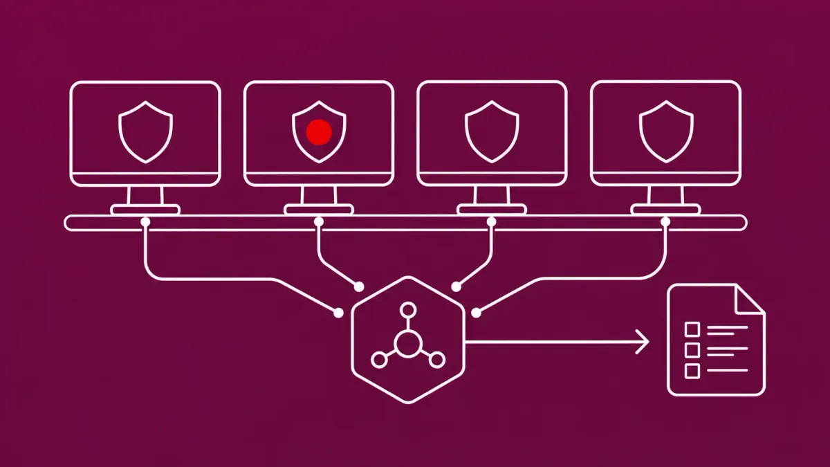 Line-art of a rack of test-bench computer screens wired to a central orchestrator node; one screen displays a shield icon marked with a single flat red dot.
