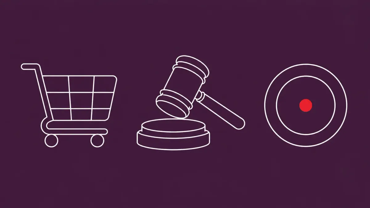 Flat white line-art of a shopping-cart icon beside a gavel and an oversized coin, on an aubergine background — South Korea's record Coupang data-breach fine.