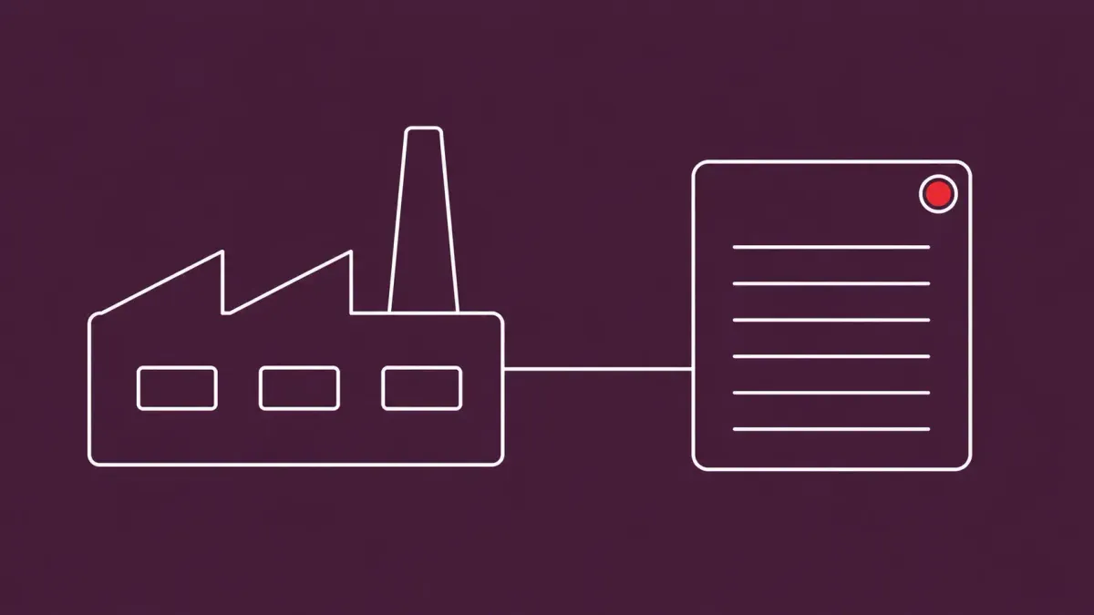 Flat white line-art of an industrial electronics-manufacturing plant beside a single document record card, on an Aubergine background — Tata Electronics cyberattack disclosure.