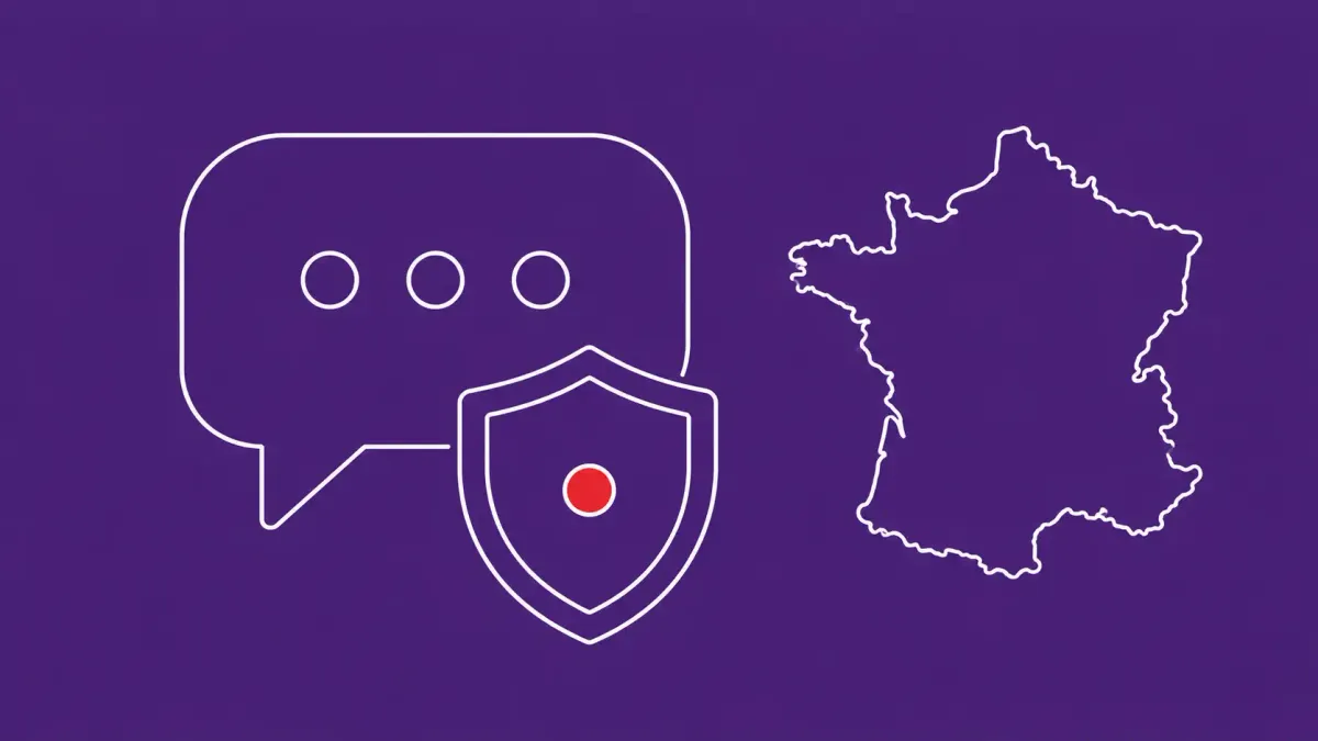 Flat white line-art of a large speech-bubble messenger icon beside a shield over a map outline of France, on a Royal Violet background — France's Tchap government messenger breach.