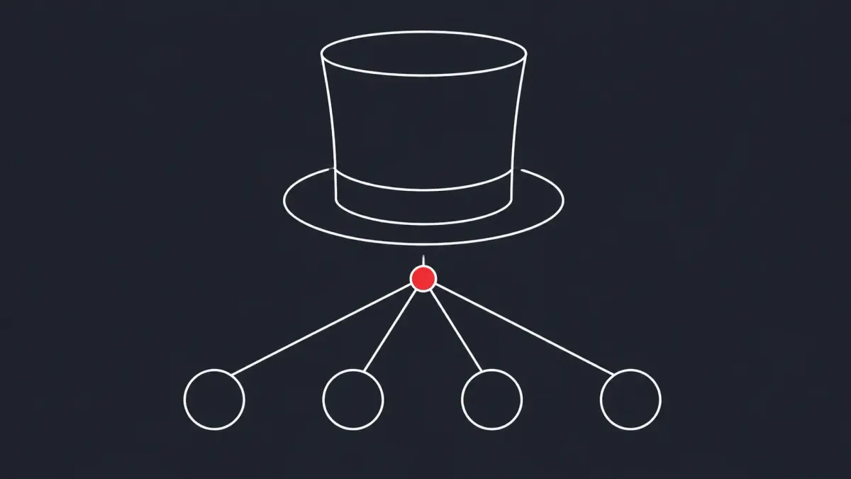 Flat white line-art of a top hat above a branching network of nodes spreading outward, on a Charcoal background — The Gentlemen ransomware.