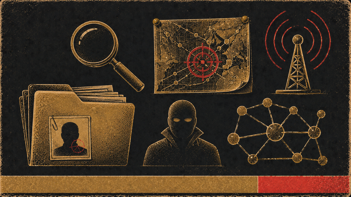 Editorial science-poster illustration of threat intelligence symbols — a magnifying lens, a pinned map, an antenna, a dossier folder, a masked silhouette, and a network of nodes.