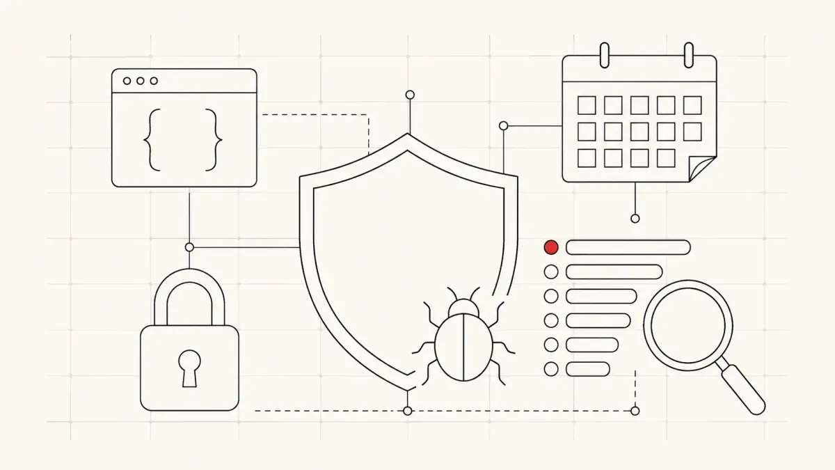 Editorial line-art illustration showing a shield, bug, calendar, lock, and ranked vulnerability list with a red marker, representing the top CVEs and cyber threats of May 2026.