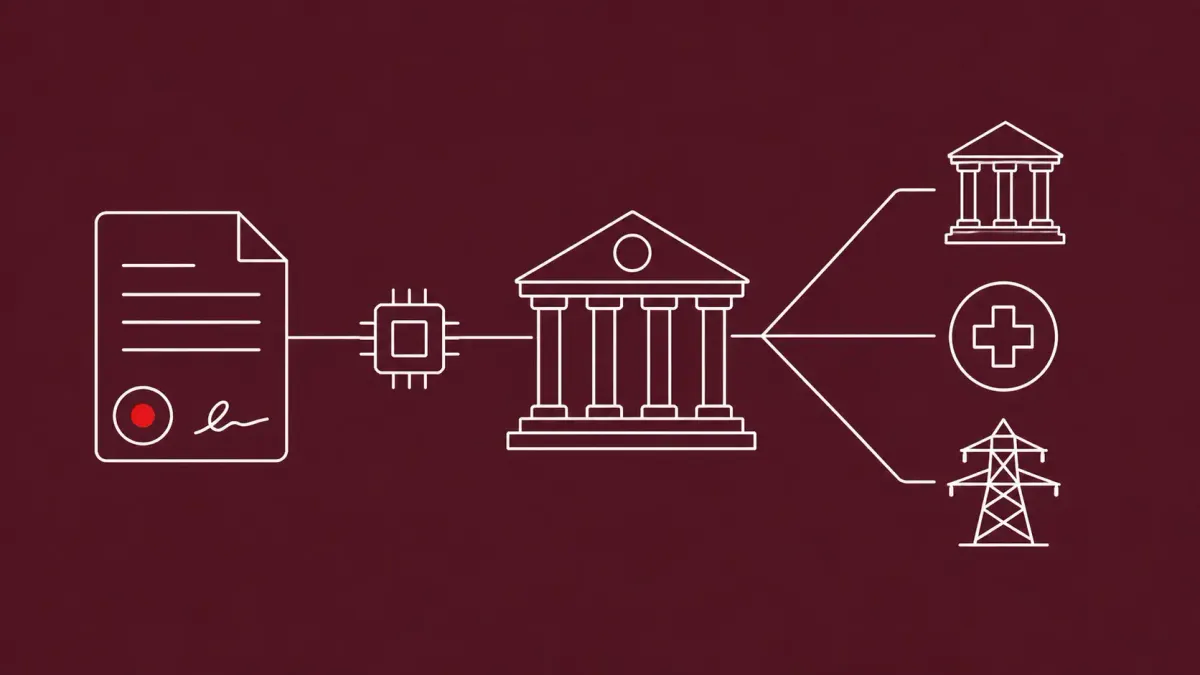 Line-art of an executive-order document with a seal linked to a government building and utility icons by thin lines; the seal carries a flat red dot.