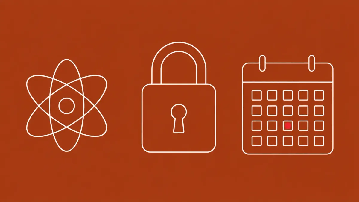 Flat white line-art of a large padlock beside an orbiting atom and a wall calendar, on a Brick Rust background — Trump executive order 2030 post-quantum crypto deadline.