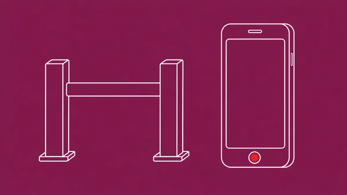 Flat white line-art of a large smartphone outline behind a simple gate form, on a Mulberry background — UK under-16 social media restrictions.