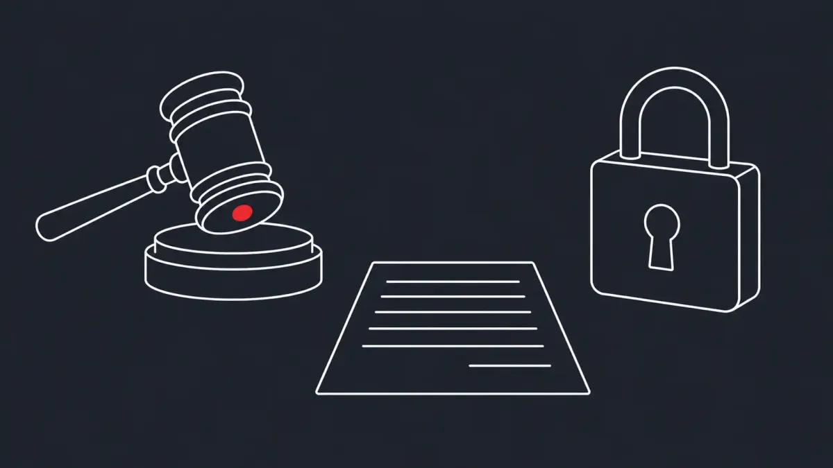 Flat white line-art of a gavel beside a padlock and a single document, on a Charcoal background — Conti ransomware guilty plea.