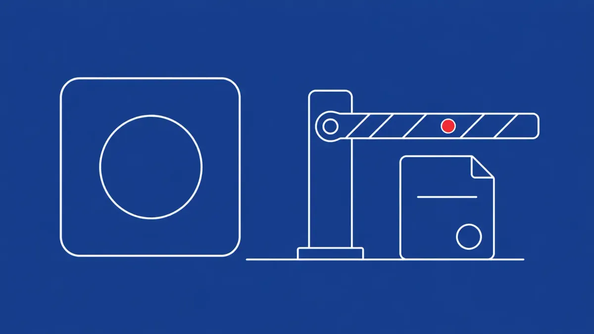 Flat white line-art of an AI model core behind a closed border gate with an order document, on a cobalt background — US order limiting Fable 5 and Mythos 5.
