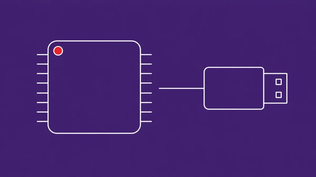 Flat white line-art of a large processor chip with pin rows beside a small USB connector, on a Royal Violet background — usbliter8 Apple A12/A13 BootROM research.
