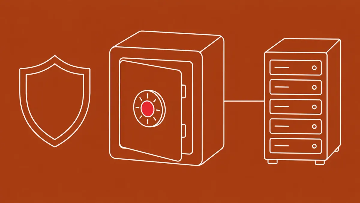 Flat white line-art of a large backup-storage vault with an open hatch, on a Brick Rust background — Veeam Backup & Replication RCE patch.