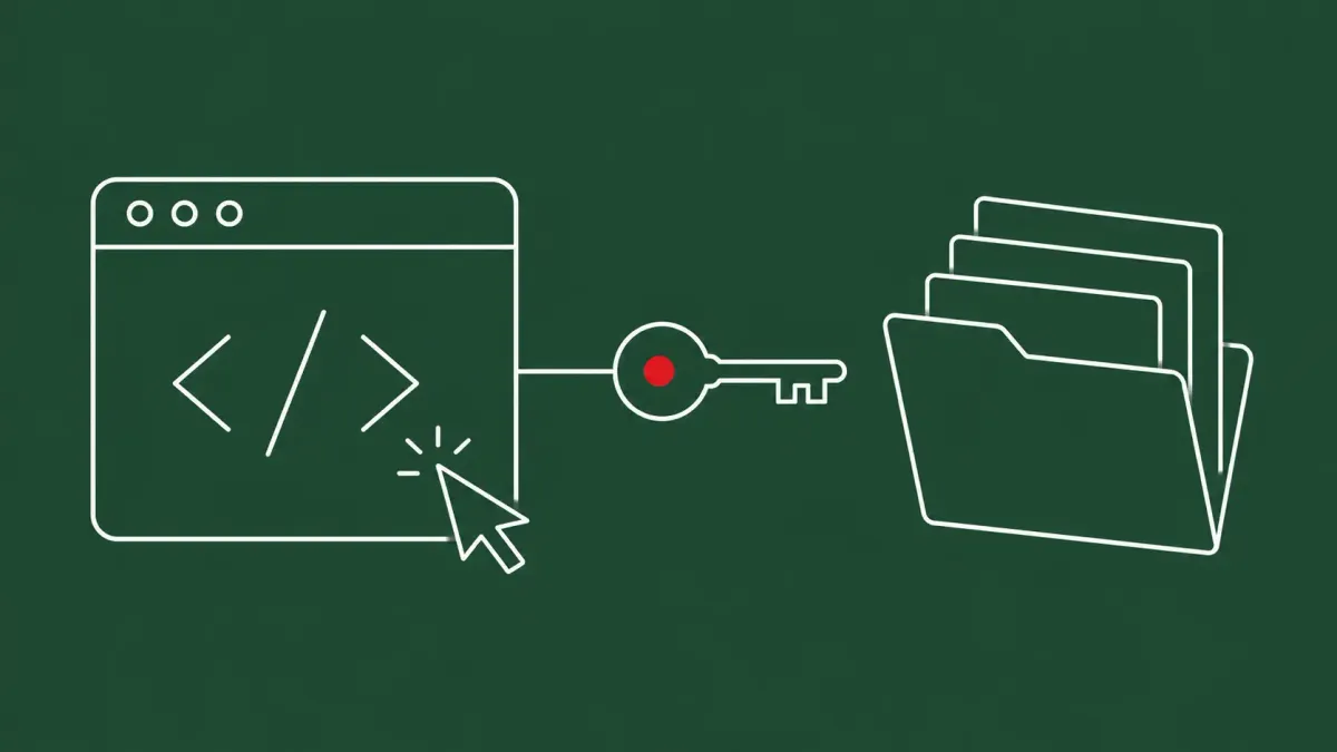 Flat white line-art of a code-editor window where a click releases a key token toward a folder of private repositories, on a forest-green background.