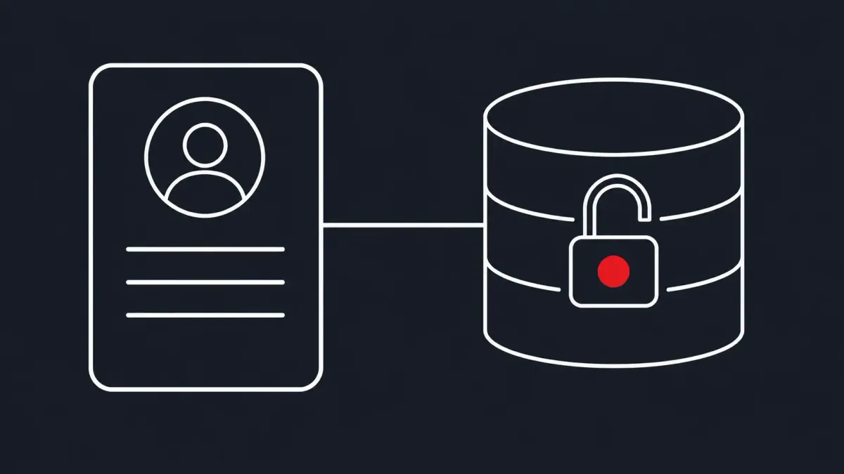 Flat white line-art of a registration form feeding a database cylinder with an open padlock, on a charcoal background — exposed aid-registration data.