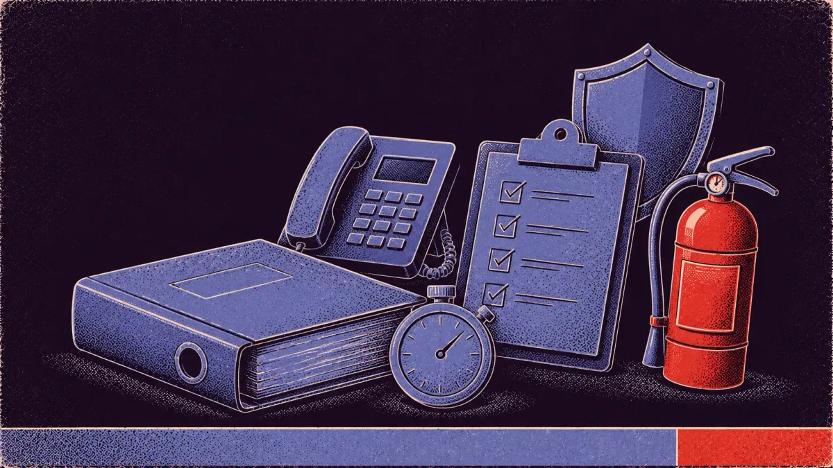 Editorial science-poster illustration of incident response planning symbols — a binder, a phone, a checklist, a stopwatch, a fire extinguisher, and a shield.