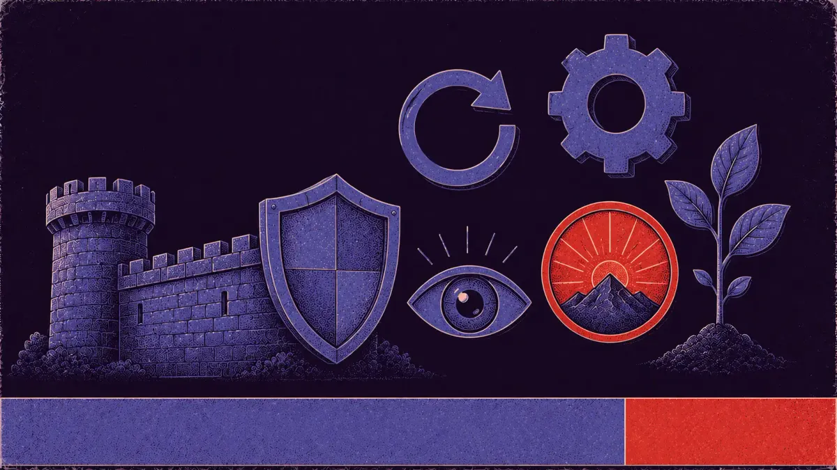 Editorial science-poster illustration of cyber resilience symbols — a fortress wall, a shield, a recovery arrow, a gear, a watchful eye, and a sapling.