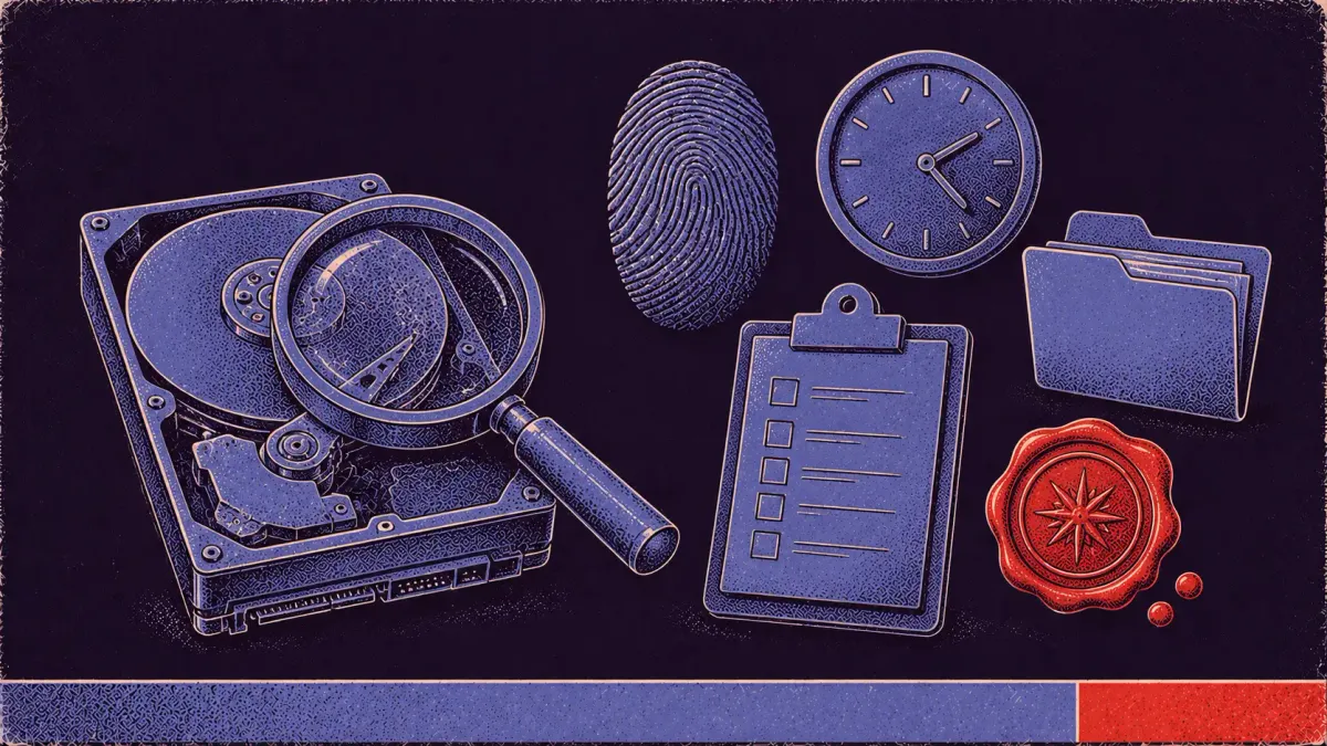 Editorial science-poster illustration of digital forensics symbols — a magnifying glass over a hard drive, a fingerprint, a clock, a folder, a clipboard, and a wax seal.