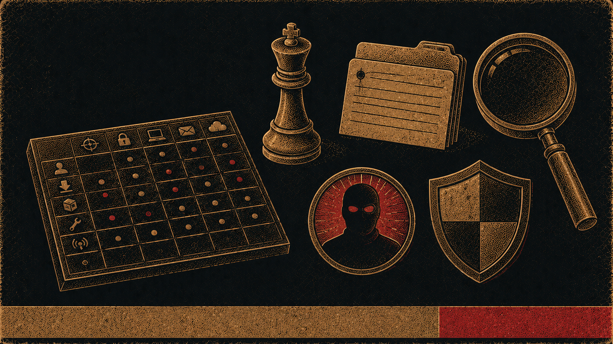 Editorial science-poster illustration of MITRE ATT&CK symbols — a matrix grid, a chess piece, a labeled index card, a magnifying lens, a masked silhouette, and a shield.