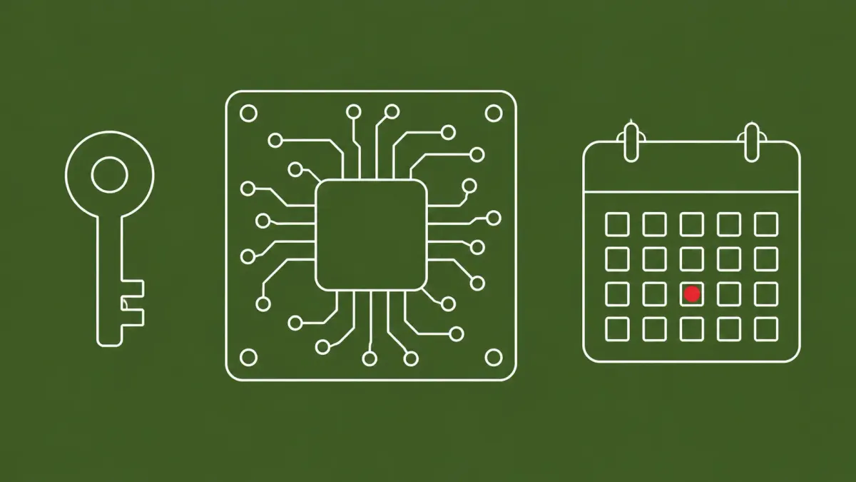 Flat white line-art of a motherboard boot chip, a key, and a wall calendar, on a Moss background — Windows and Linux Secure Boot key-update deadline.
