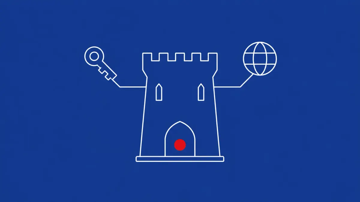 Line-art castle keep with a single open arched gate, a small key icon and a small network-globe icon connected by thin lines; a flat red dot sits in the gate.