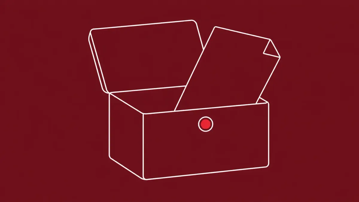 Flat white line-art of an opened archive folder spilling a single document, on an Oxblood background — WinRAR flaw exploited against Ukraine.