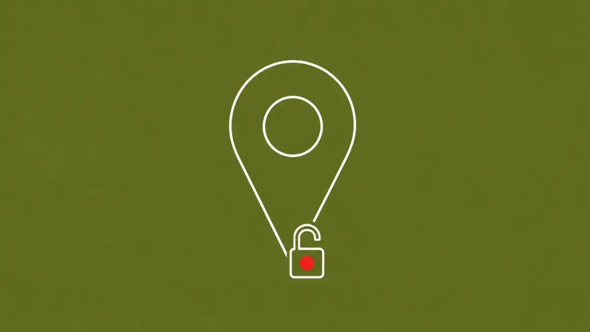 Line-art map pin with a small open padlock at its base, set on a flat olive background; the padlock carries a single red dot.